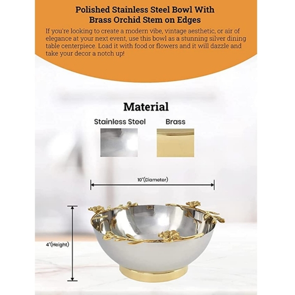 Decorative Polished Stainless Steel Bowl with Brass Orchid Stem on Edges NEW - Picture 7 of 7